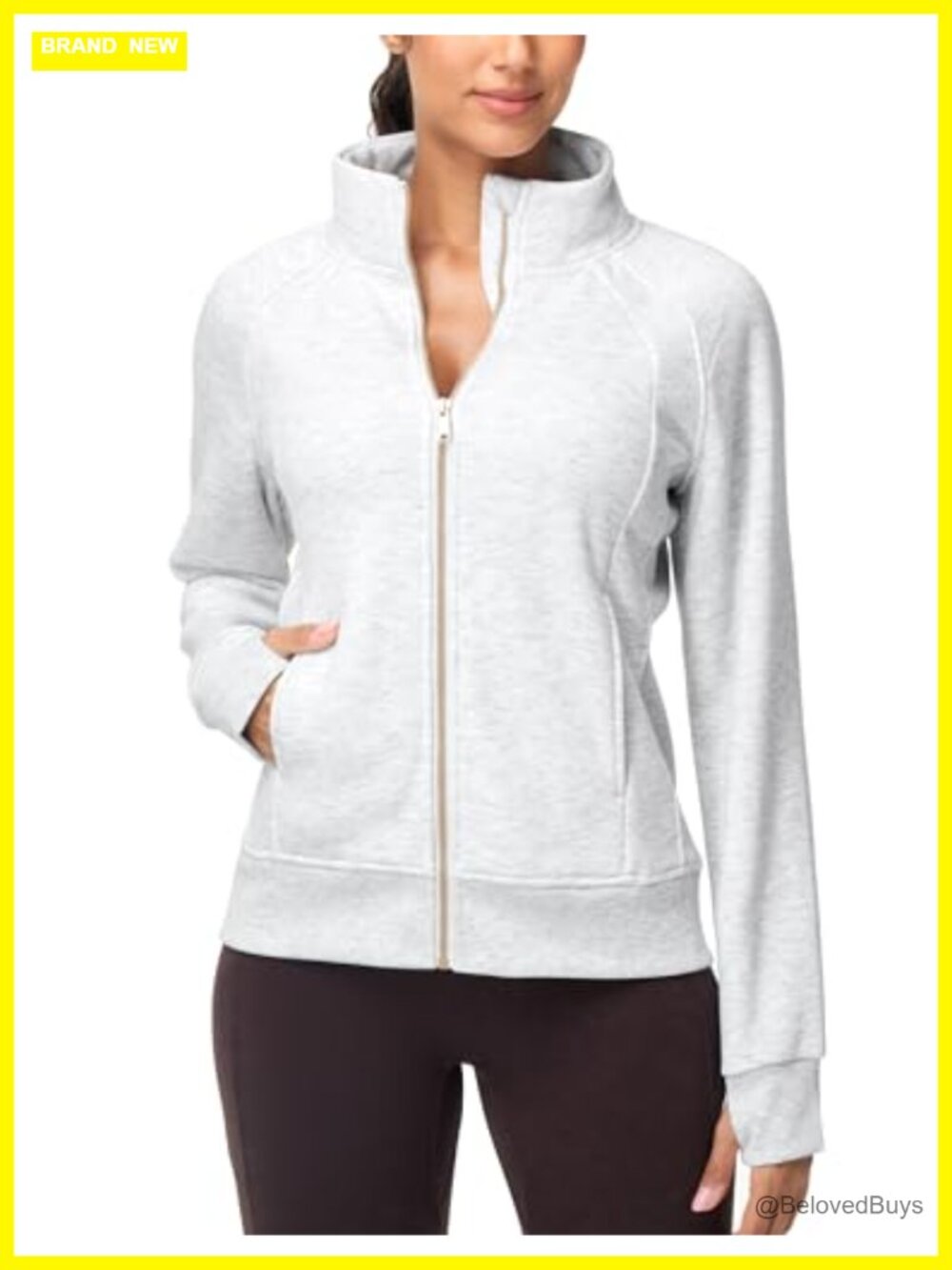 Women's Fleece Full Zip Stand Collar Workout Jacket With Thumb Holes
